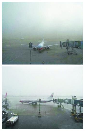 网友上传的图片显示,一架飞机被大风吹得移位了。 武汉天河机场遭12级大风袭击 飞机被吹得转圈